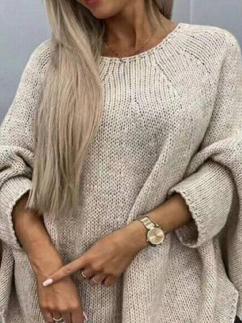 Khaki Casual Women's Solid Color Batwing Sleeve Round Neck Knit Sweater